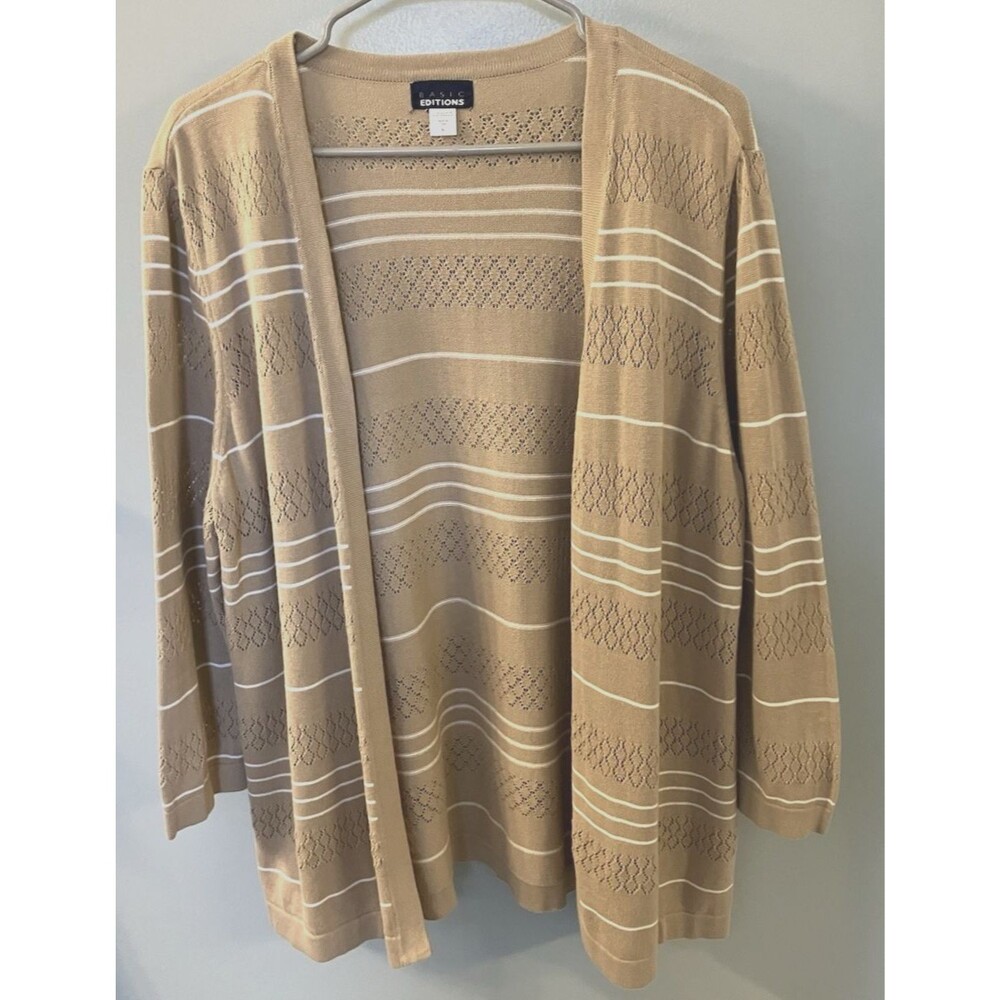 Basic Editions Womens Open Front Striped Tan/White Cardigan Size XL